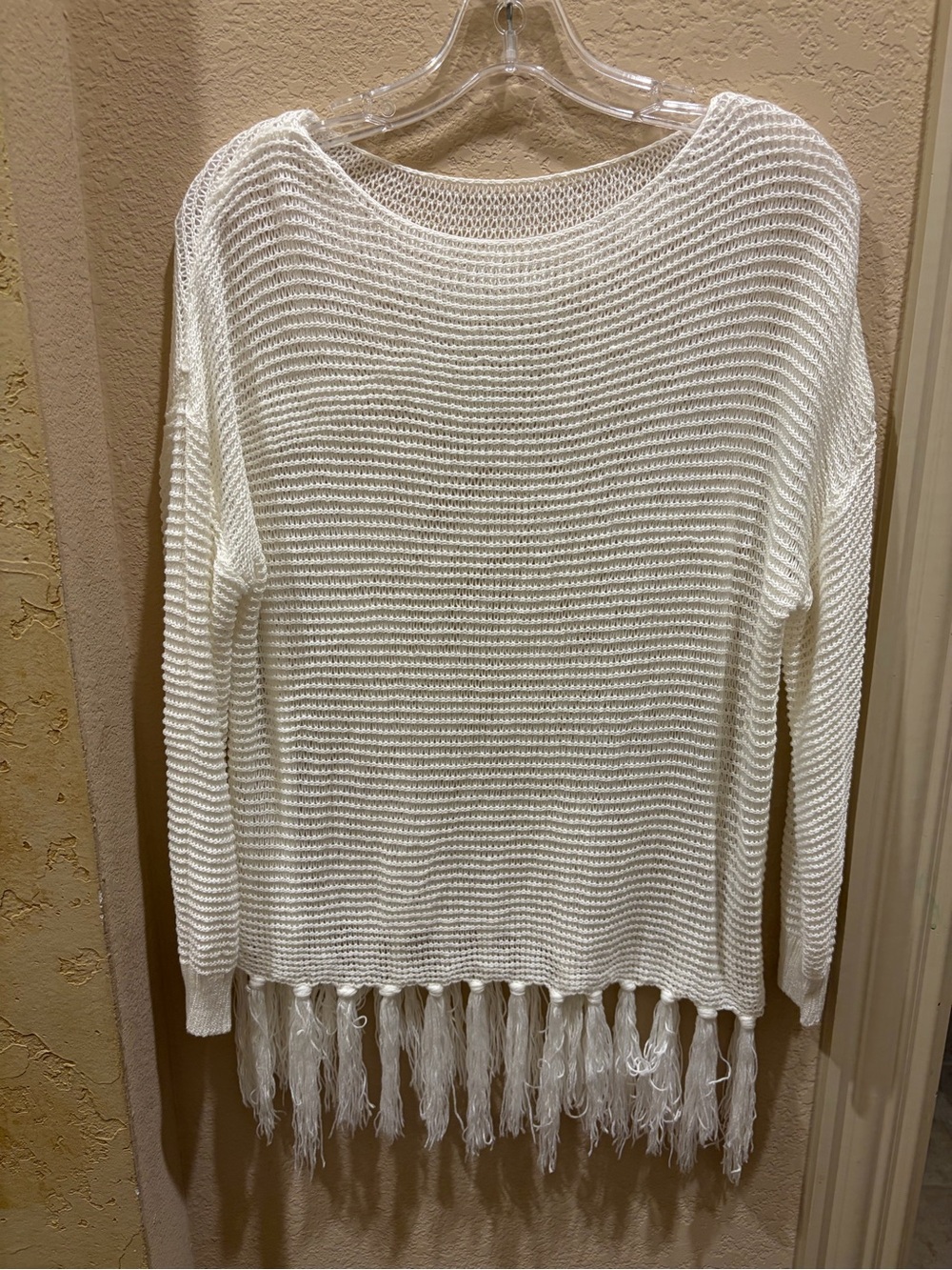 White Open Knit Crochet Fringe Hem Women's Sweater/ Beach Cover-Up